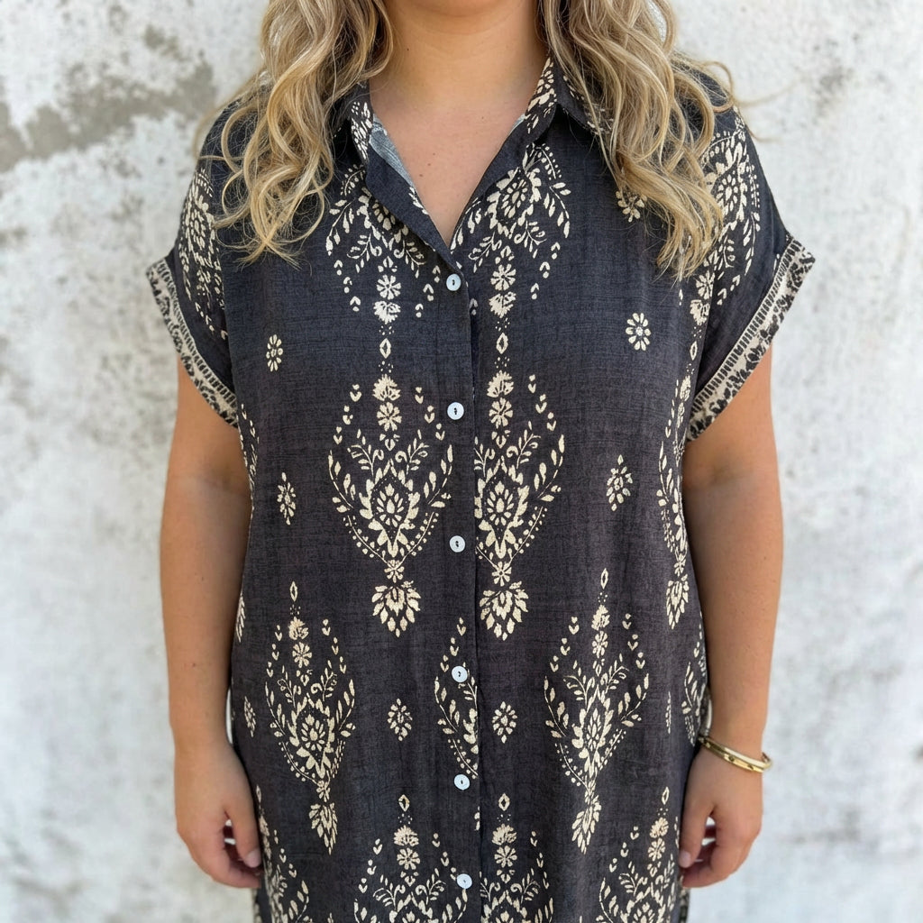 Collared Short Sleeve Baroque Border Print Shift Mini Dress
