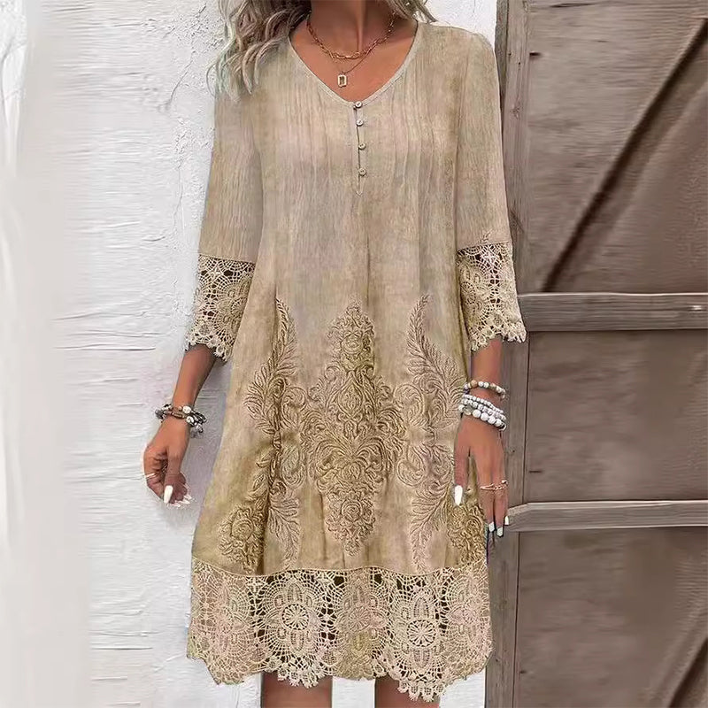 V-Neck Button Crochet Lace Trim Embroidered Shift Midi Dress