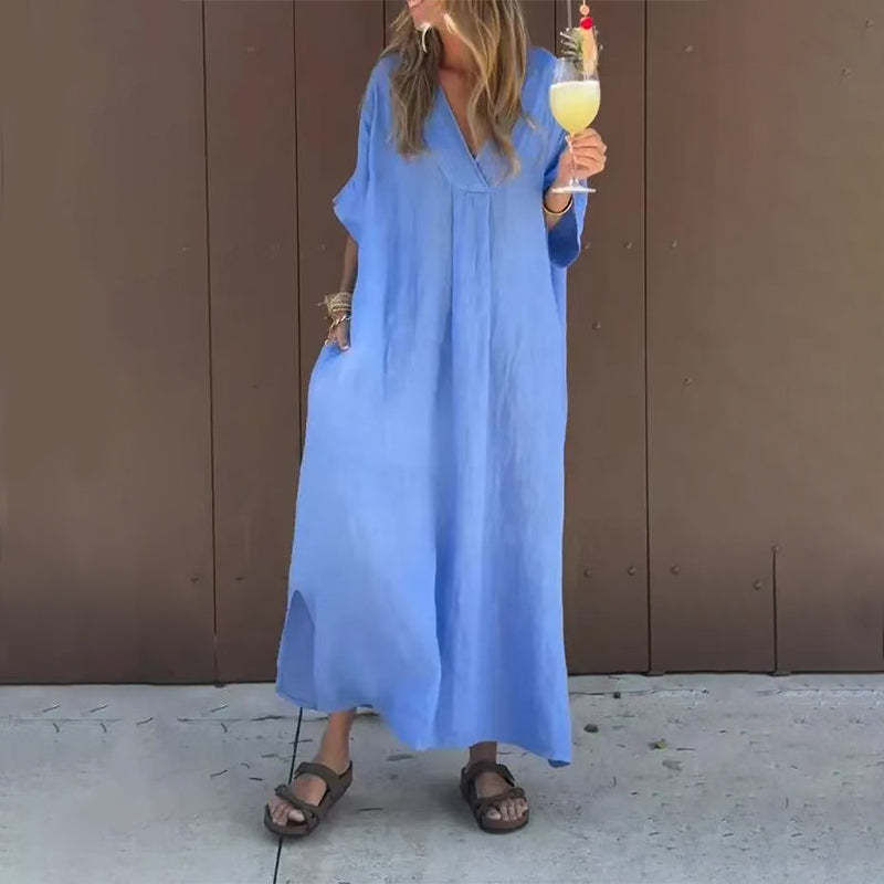 V-Neck Linen Short Sleeve Loose Oversized Maxi Dress
