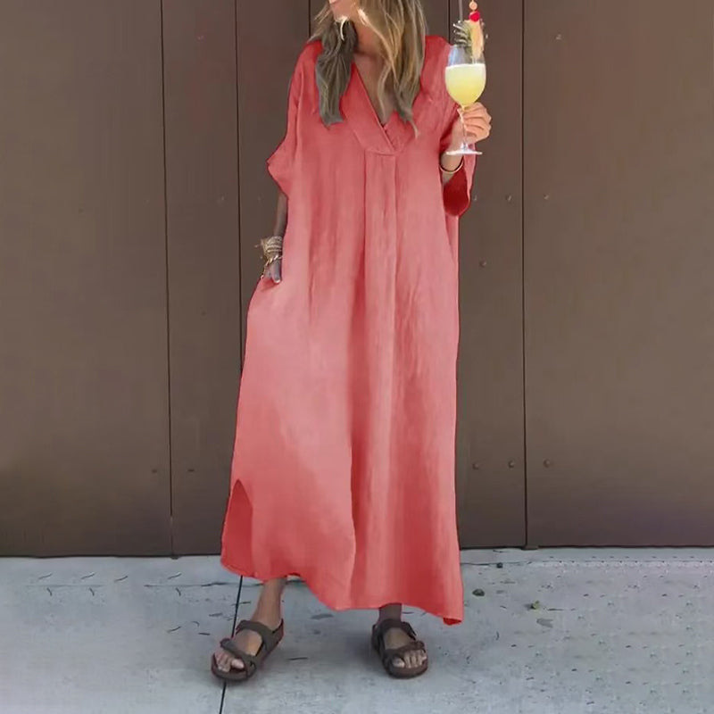V-Neck Linen Short Sleeve Loose Oversized Maxi Dress