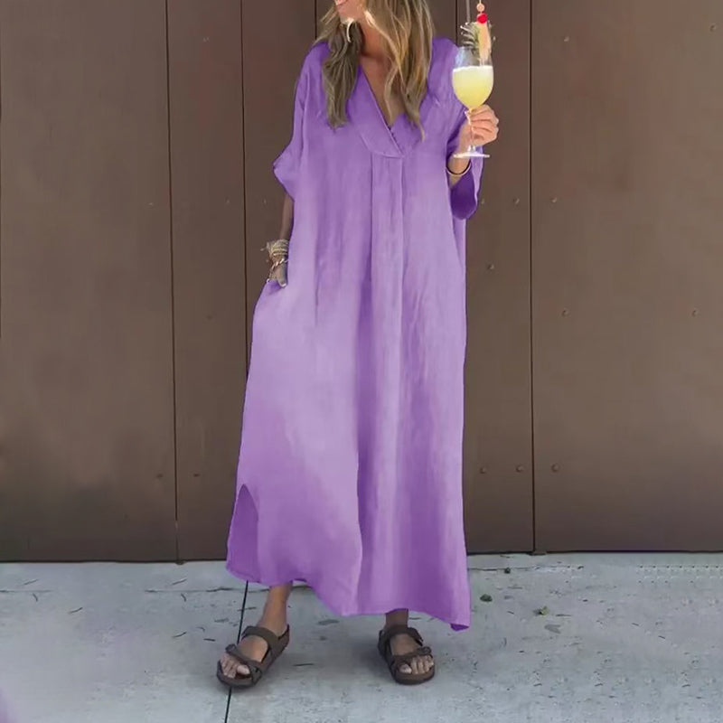 V-Neck Linen Short Sleeve Loose Oversized Maxi Dress
