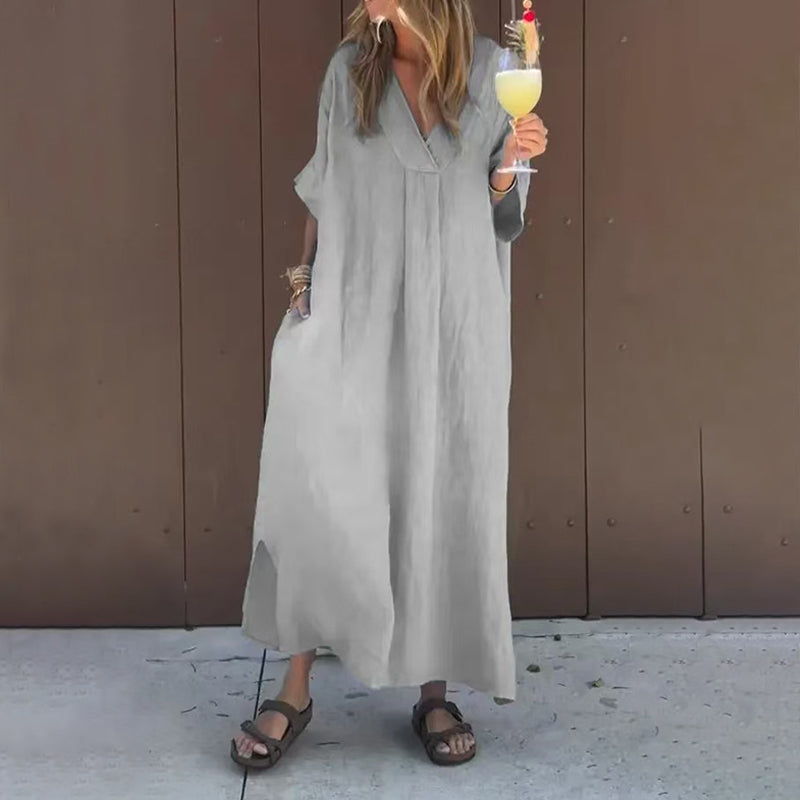 V-Neck Linen Short Sleeve Loose Oversized Maxi Dress