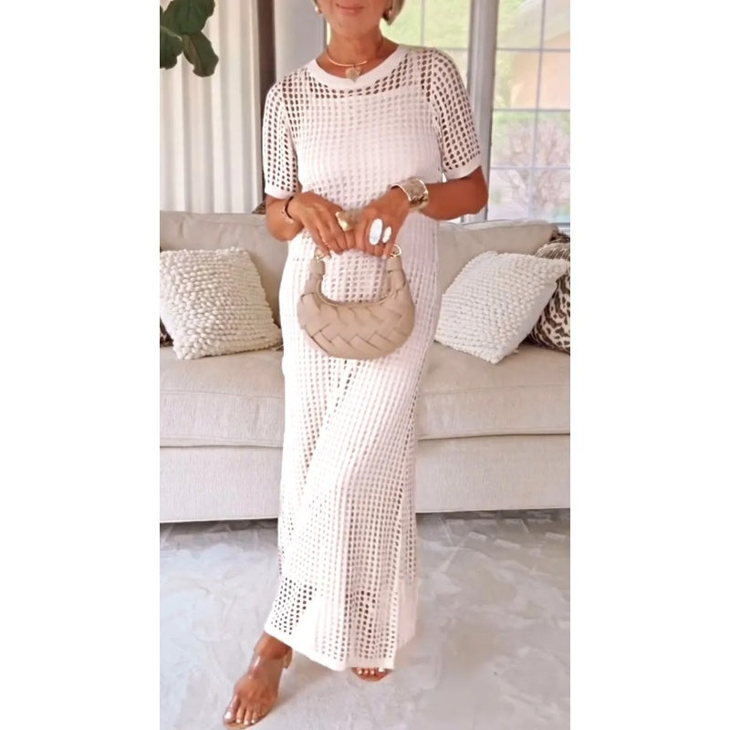 Round Neck Crochet Knit Short Sleeve Column Maxi Dress