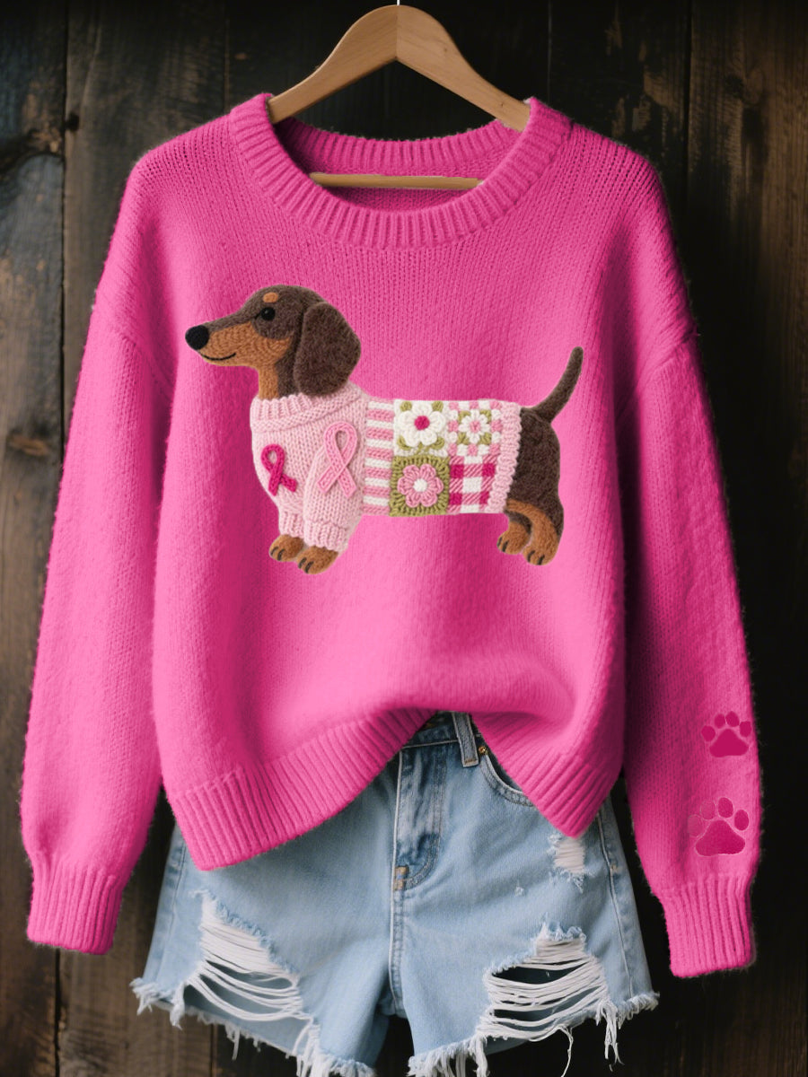Crew Neck Dachshund Applique Paw Print Knit Sweater 2