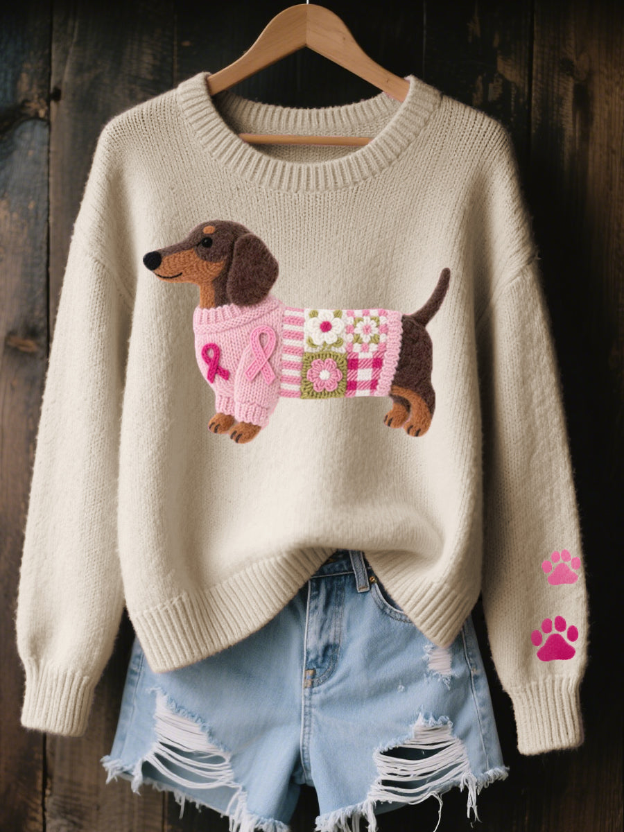 Crew Neck Dachshund Applique Paw Print Knit Sweater 5