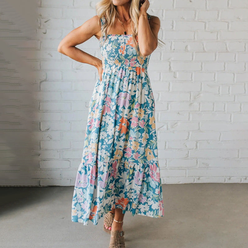 Square Neck Strap Floral Smocked Bodice Tiered Maxi Dress