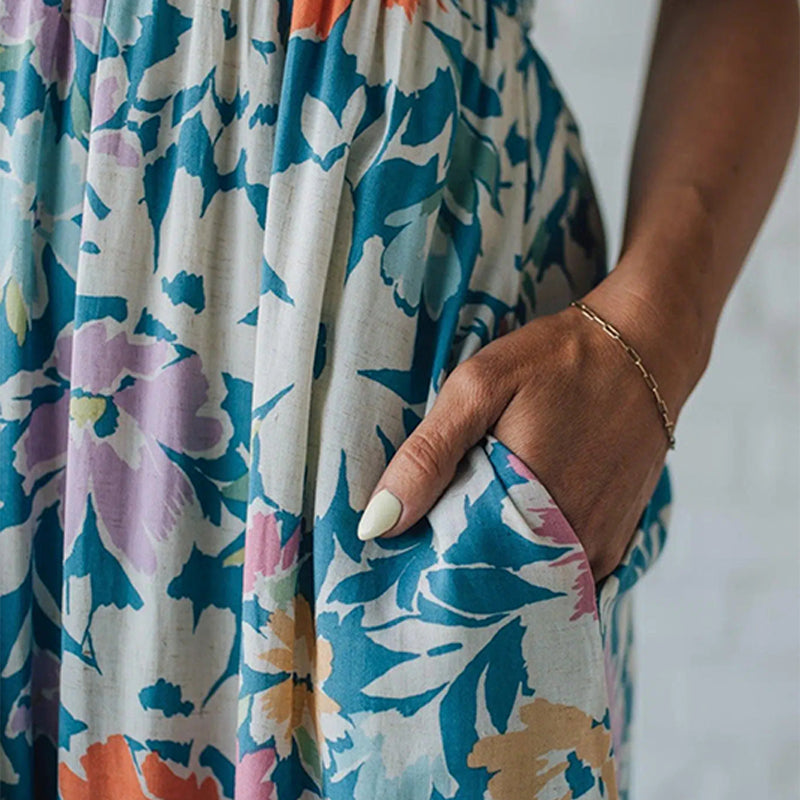 Square Neck Strap Floral Smocked Bodice Tiered Maxi Dress