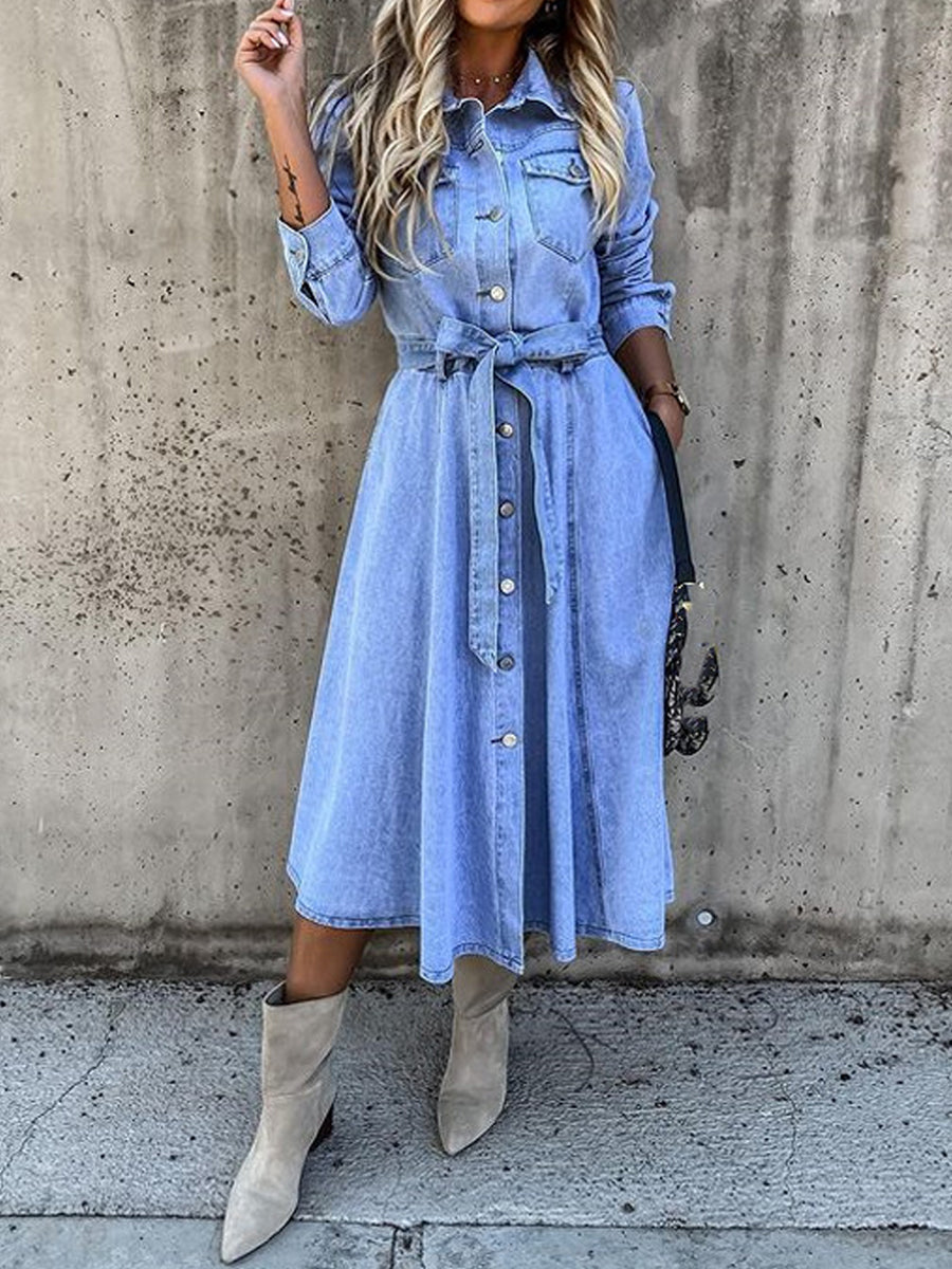 Light Blue Collared Button-Front Belted Denim A-Line Maxi Dress 5
