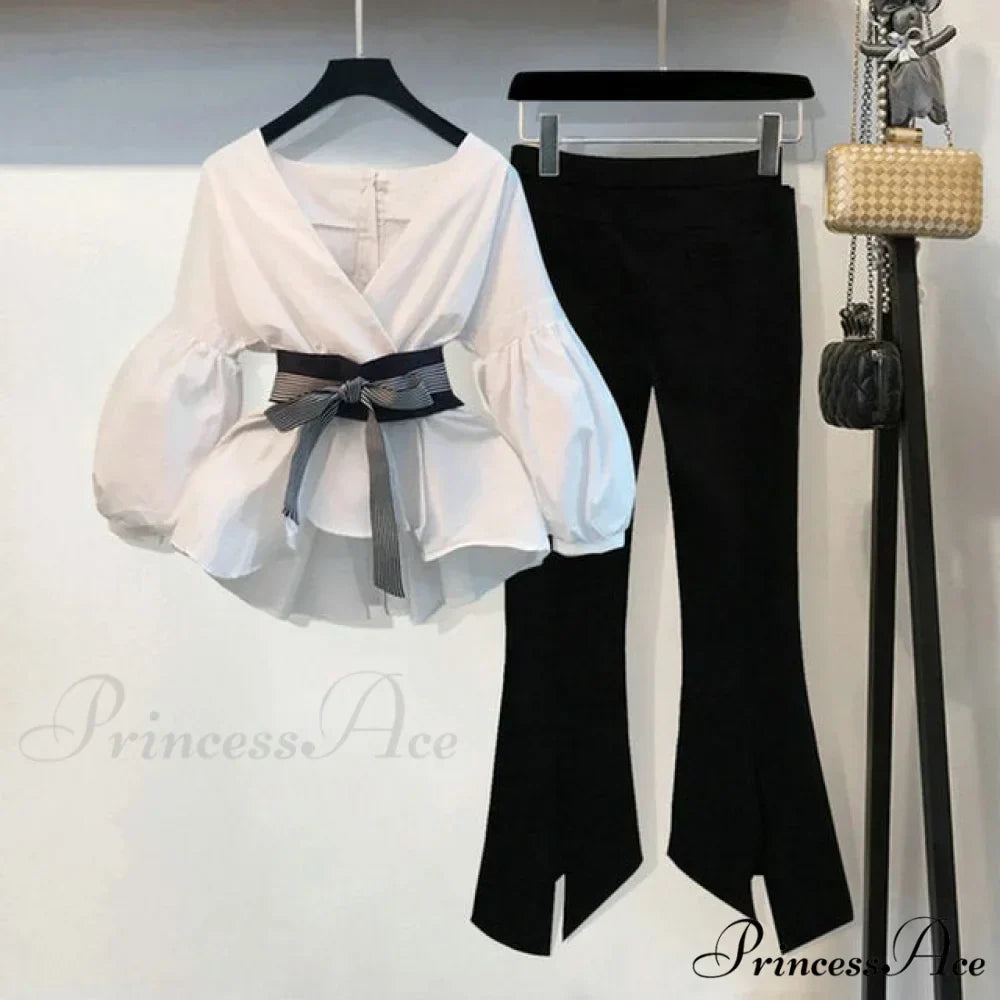 Spring Women's Bow Pants Lantern Flare Black + Striped Split WarmSeason Blouse Arm Arm Set