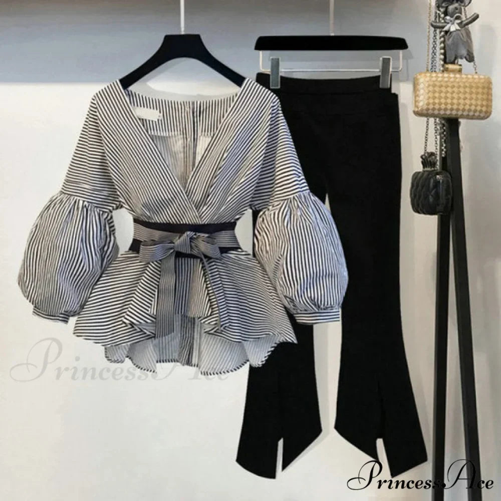 Spring Women's Bow Pants Lantern Flare Black + Striped Split WarmSeason Blouse Arm Arm Set