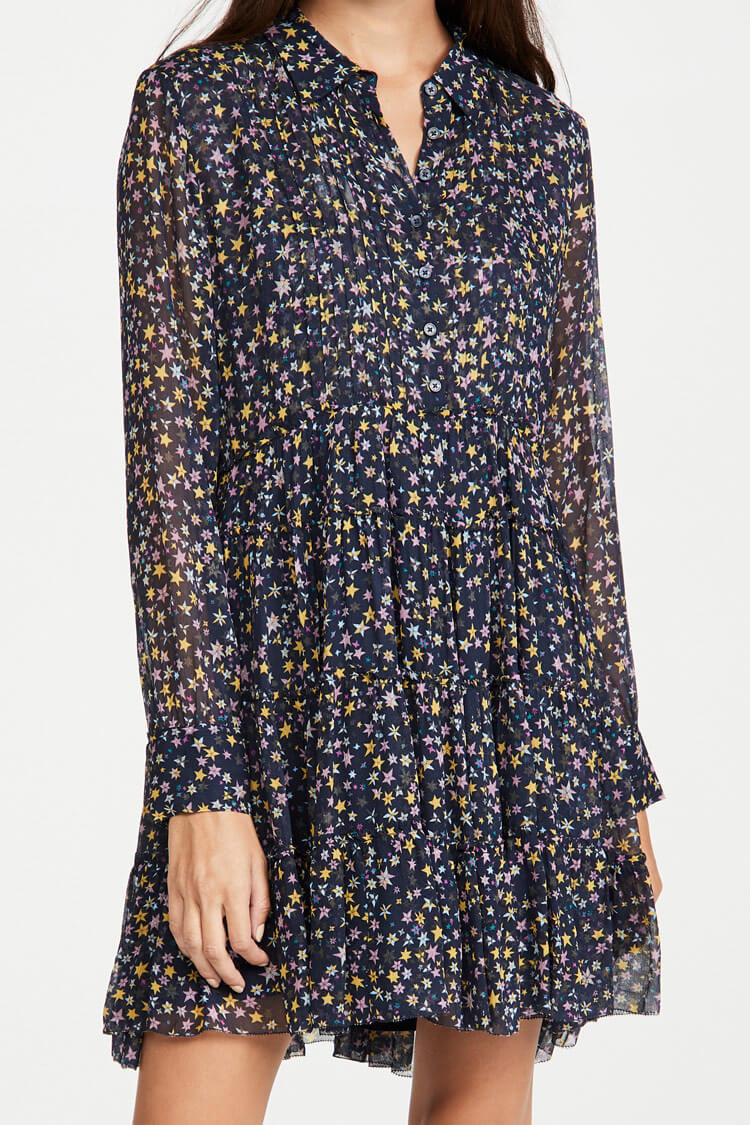 Black Collared Star Print Long Sleeve Tiered Shirt Mini Dress