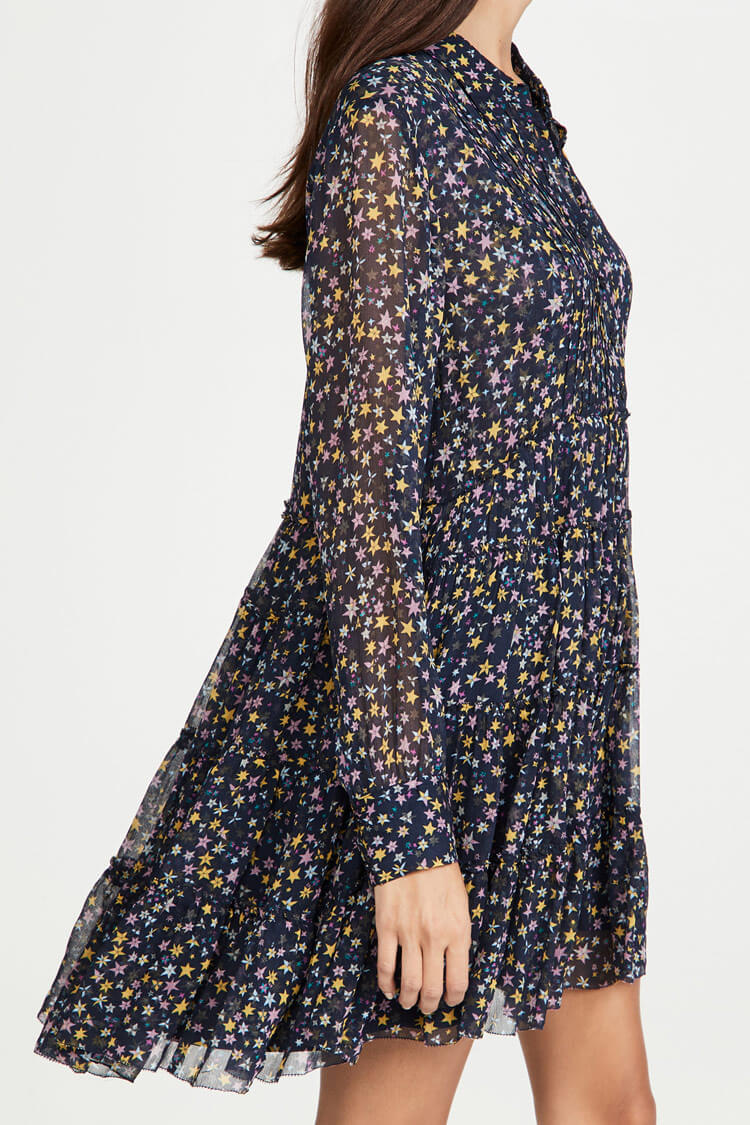 Black Collared Star Print Long Sleeve Tiered Shirt Mini Dress