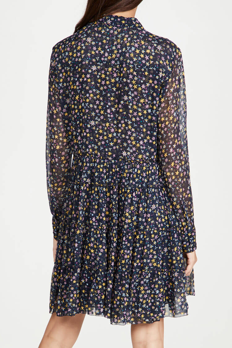 Black Collared Star Print Long Sleeve Tiered Shirt Mini Dress