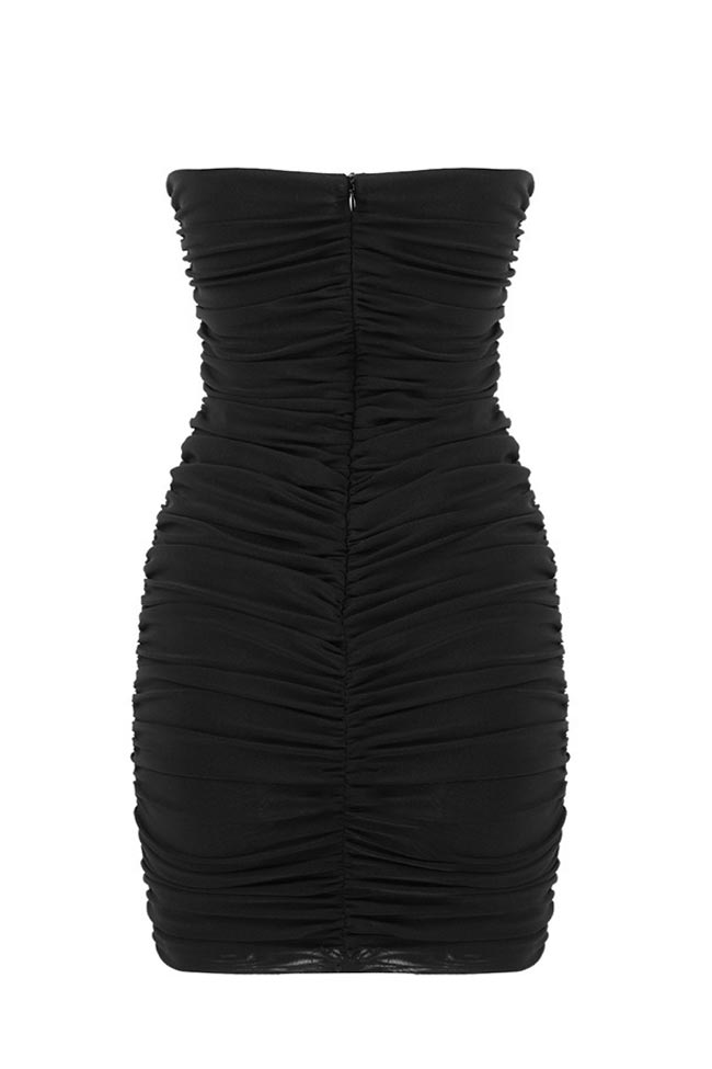 Black Strapless Deep V Underwire Ruched Mesh Bodycon Mini Dress