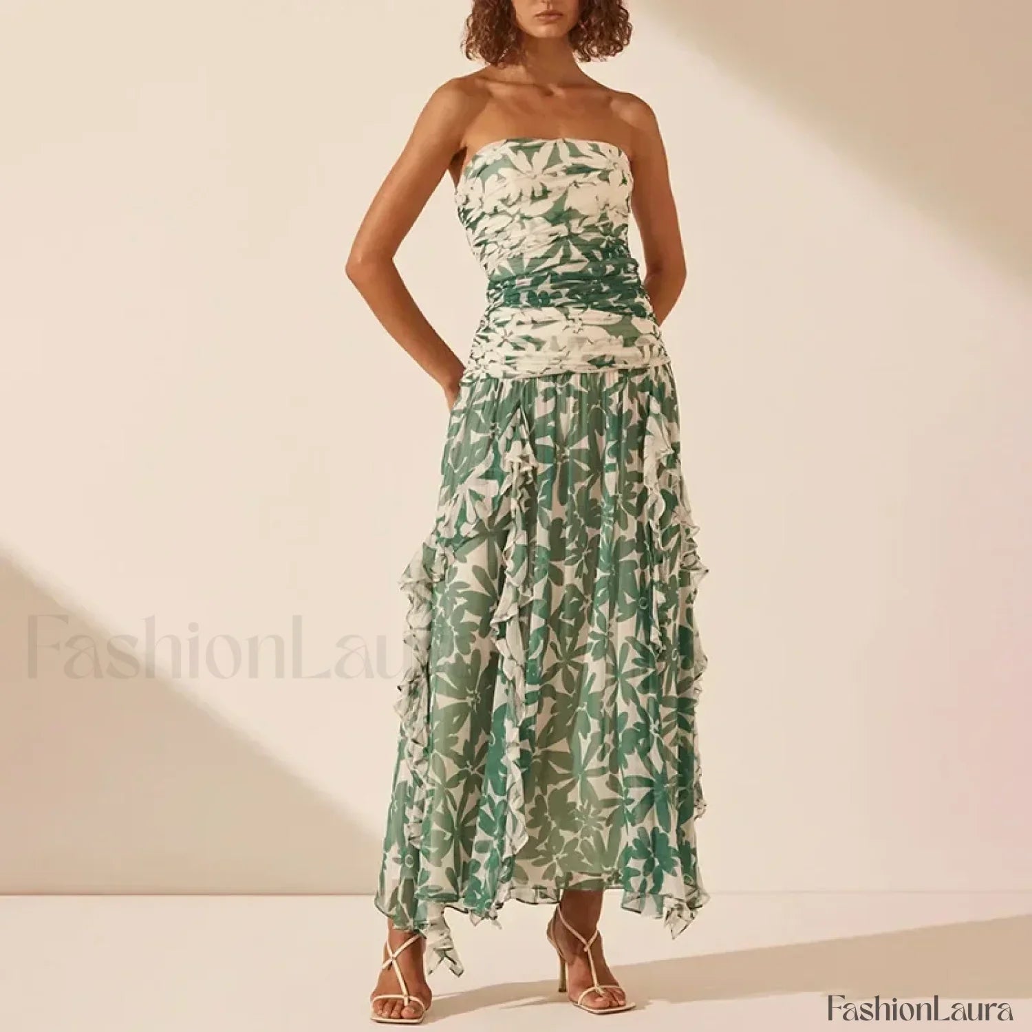 Strapless Pleated Chiffon Floral Dress