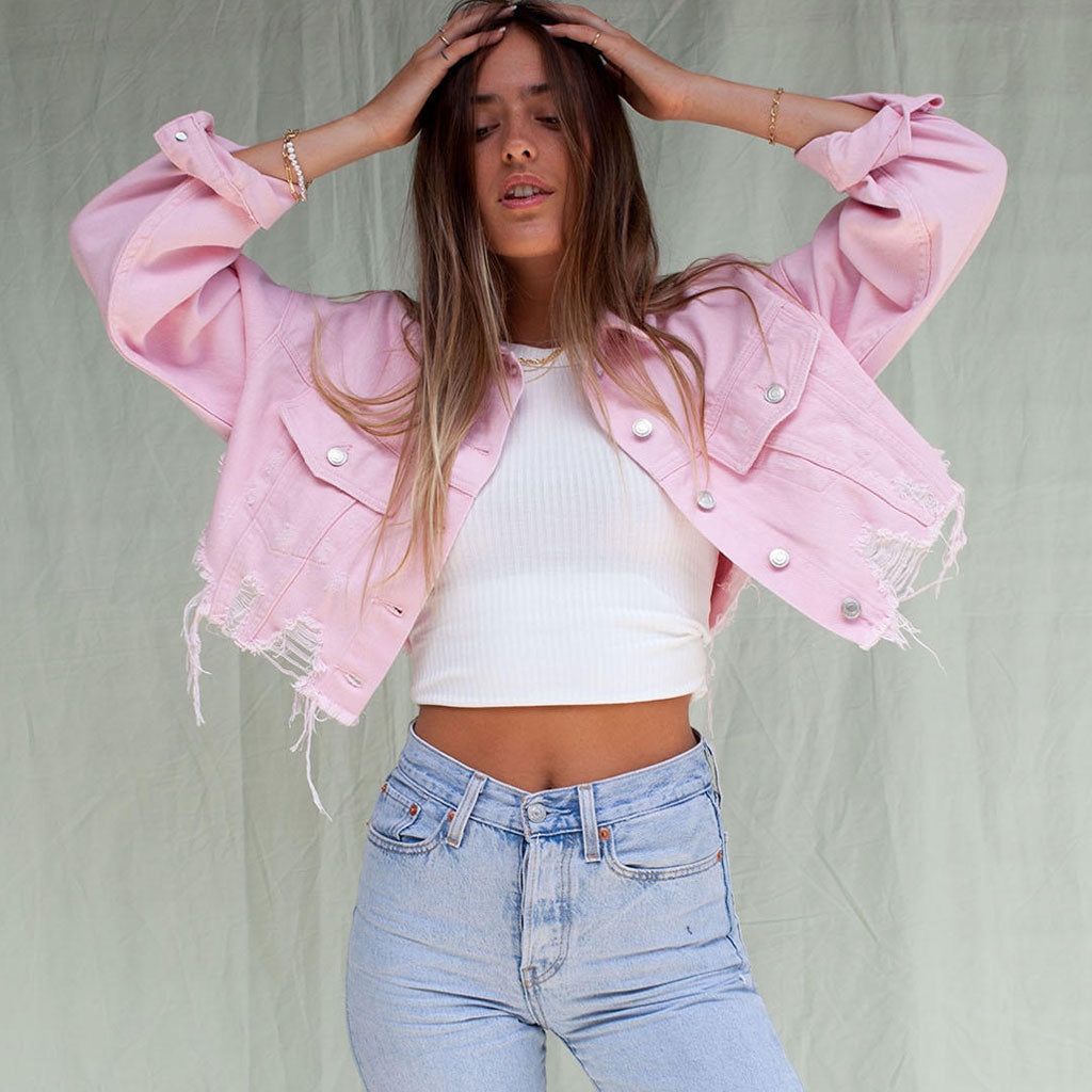 Pink Long Sleeve Button Up Frayed Hem Cropped Denim Jacket