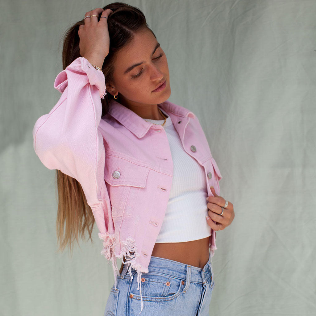 Pink Long Sleeve Button Up Frayed Hem Cropped Denim Jacket