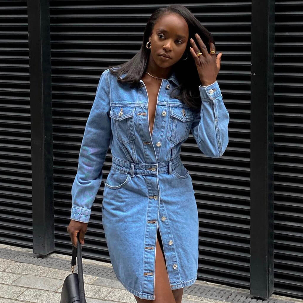 Blue Collared Button Down Long Sleeve Denim Shirt Dress