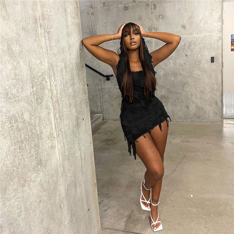 Black Hooded Sleeveless Distressed Fringe Bodycon Mini Dress