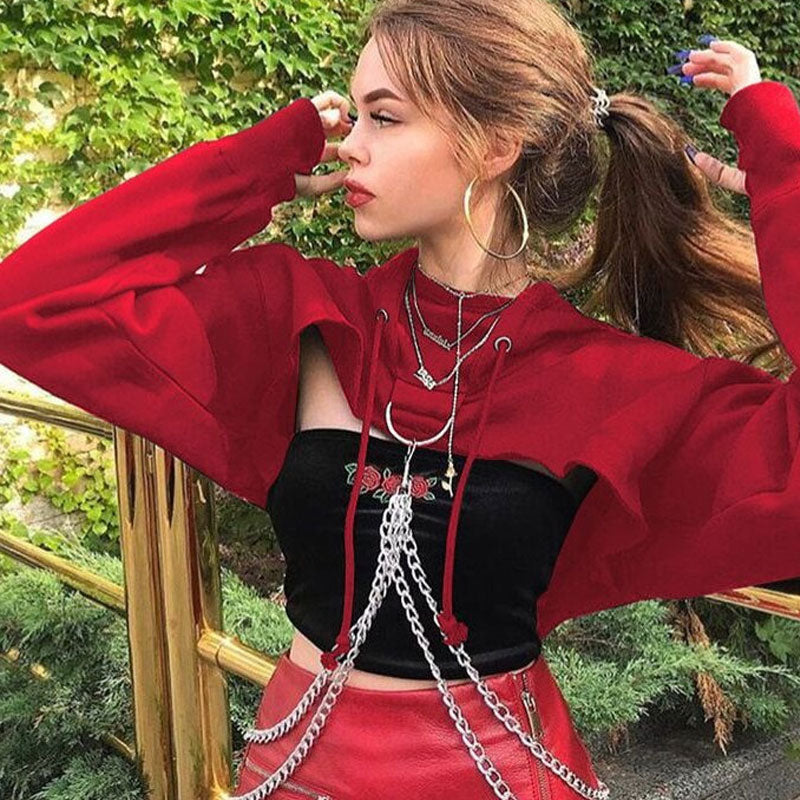 Red Chain Detail Drop Shoulder Long Sleeve Cropped Hoodie