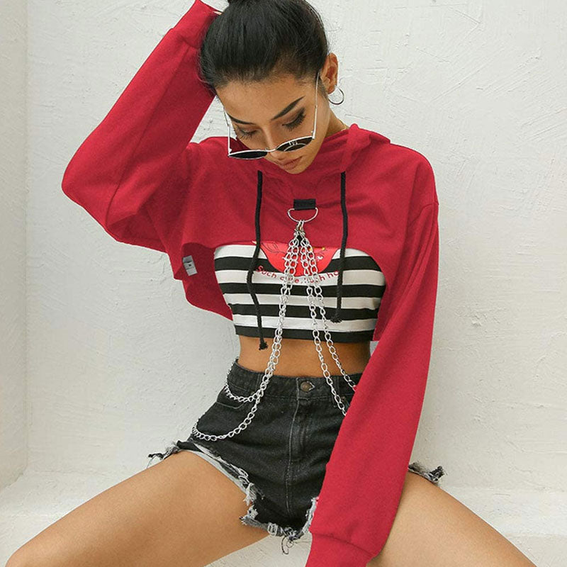 Red Chain Detail Drop Shoulder Long Sleeve Cropped Hoodie