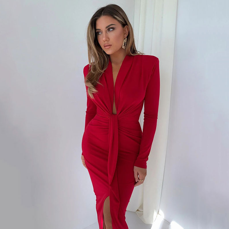 Red Deep V-Neck Long Sleeve Twist Front Ruched Bodycon Maxi Dress