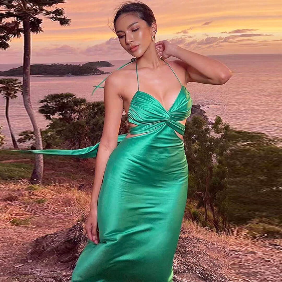 Green Halter Neck Twist Front Cutout Satin Slip Maxi Dress
