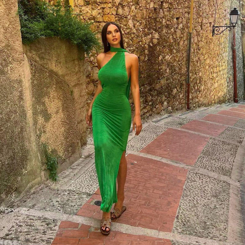 Green Asymmetric Halter Draped Low Back High Slit Bodycon Maxi Dress