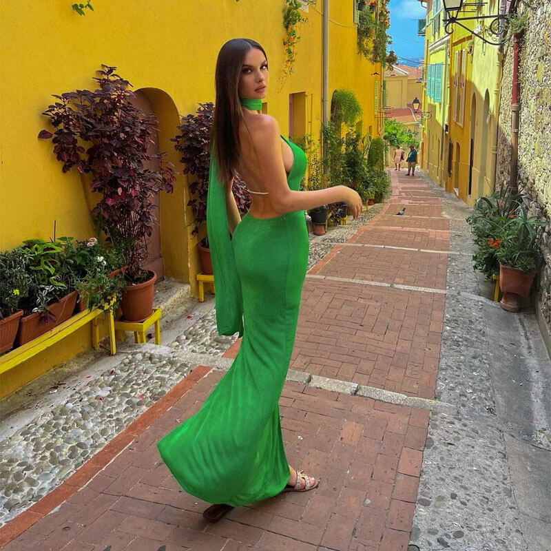 Green Asymmetric Halter Draped Low Back High Slit Bodycon Maxi Dress