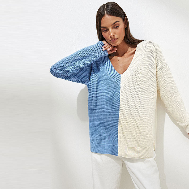 Blue V-Neck Colorblock Drop Shoulder Long Sleeve Knit Sweater