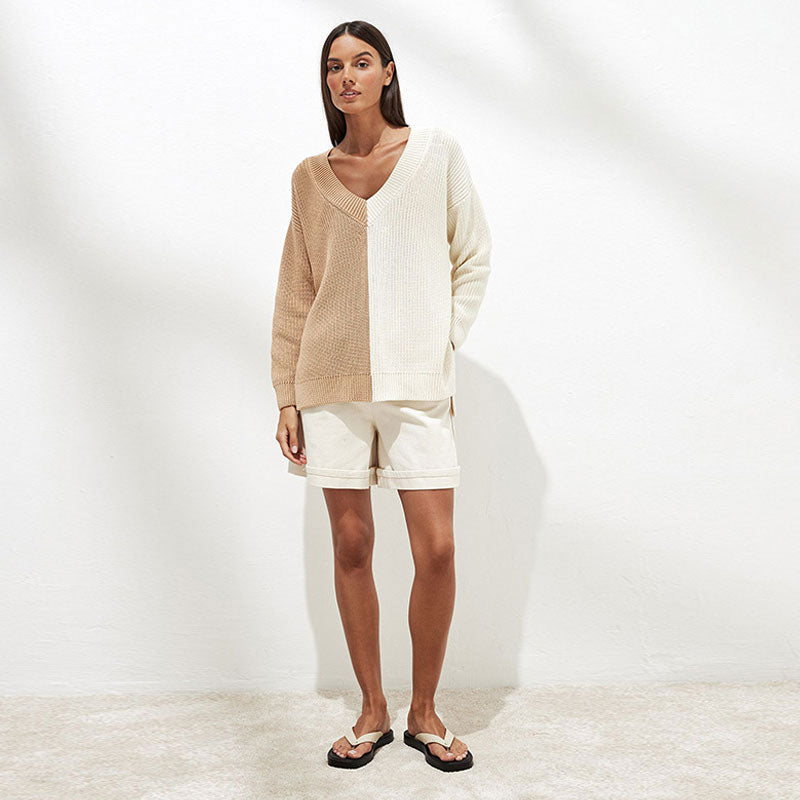 Khaki V-Neck Colorblock Drop Shoulder Long Sleeve Knit Sweater