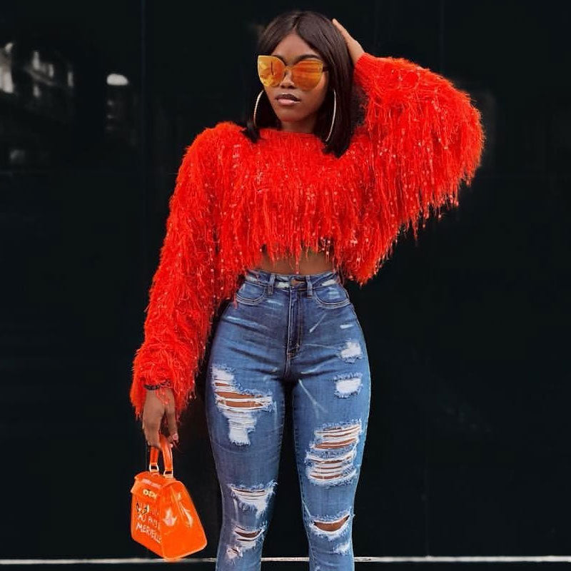 Red Crew Neck Sequin Shaggy Fringe Long Sleeve Cropped Sweater