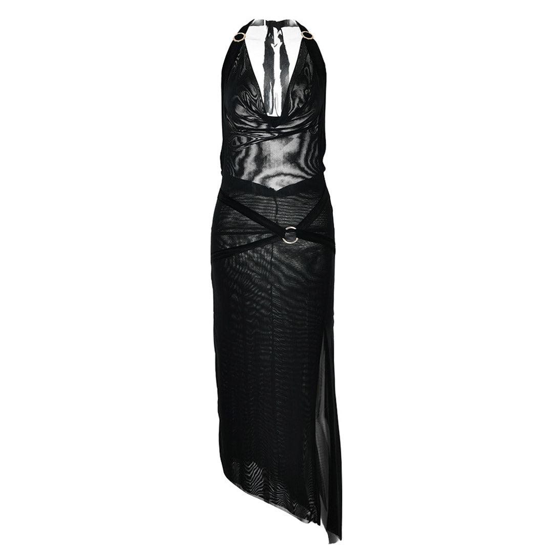 Black Halter Cowl Neck O-Ring High Slit Midi Dress