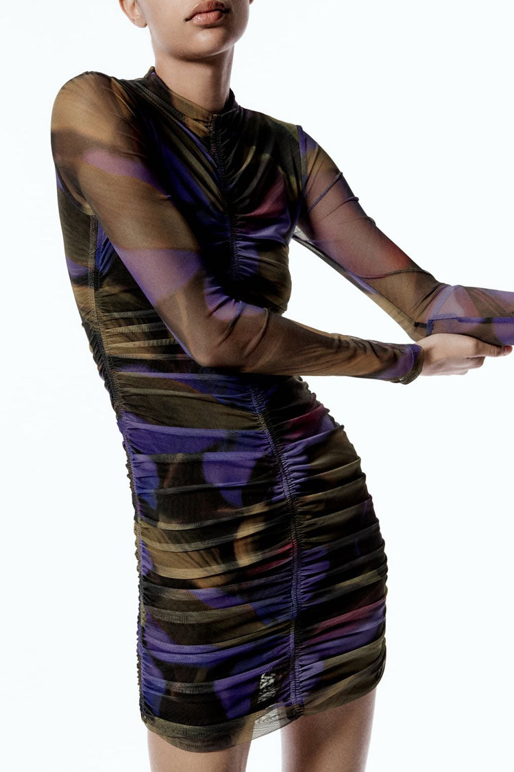 Purple High Neck Printed Mesh Ruched Long Sleeve Bodycon Mini Dress