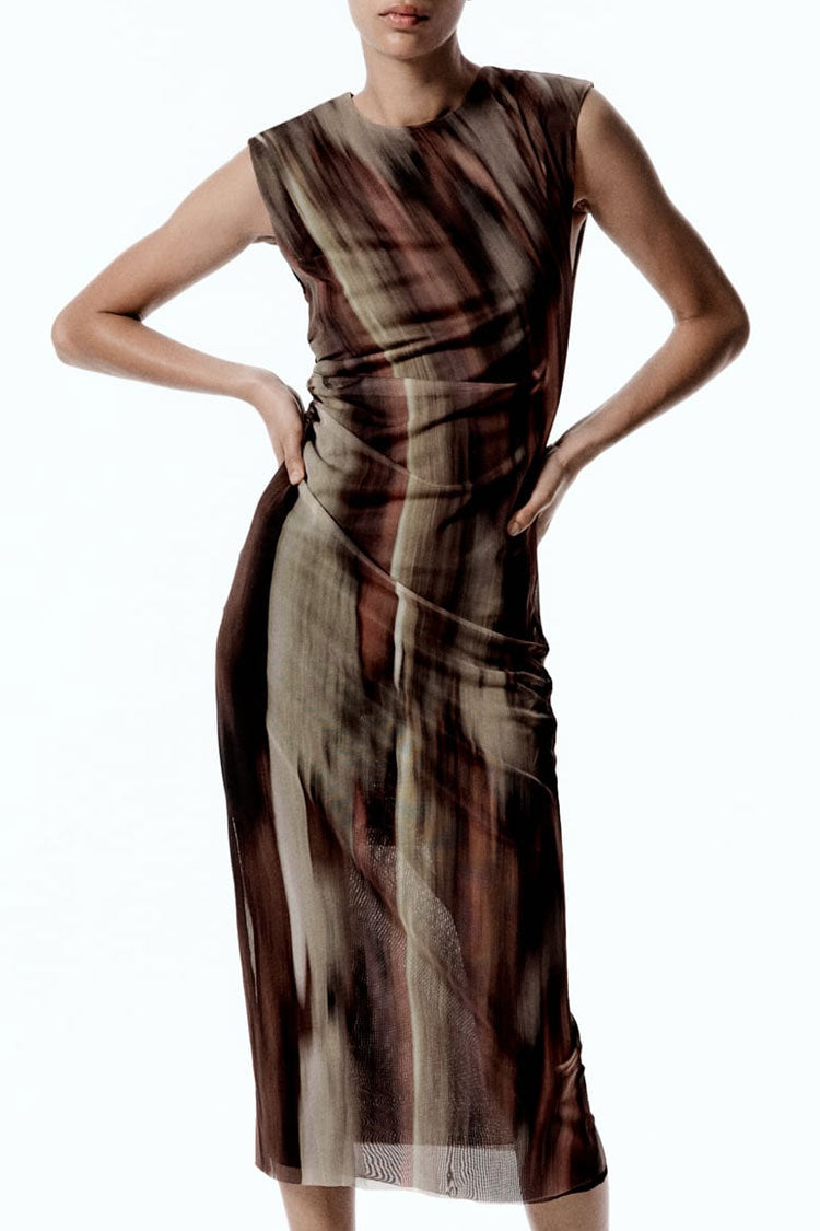 Coffee Round Neck Sleeveless Abstract Print Mesh Ruched Bodycon Midi Dress