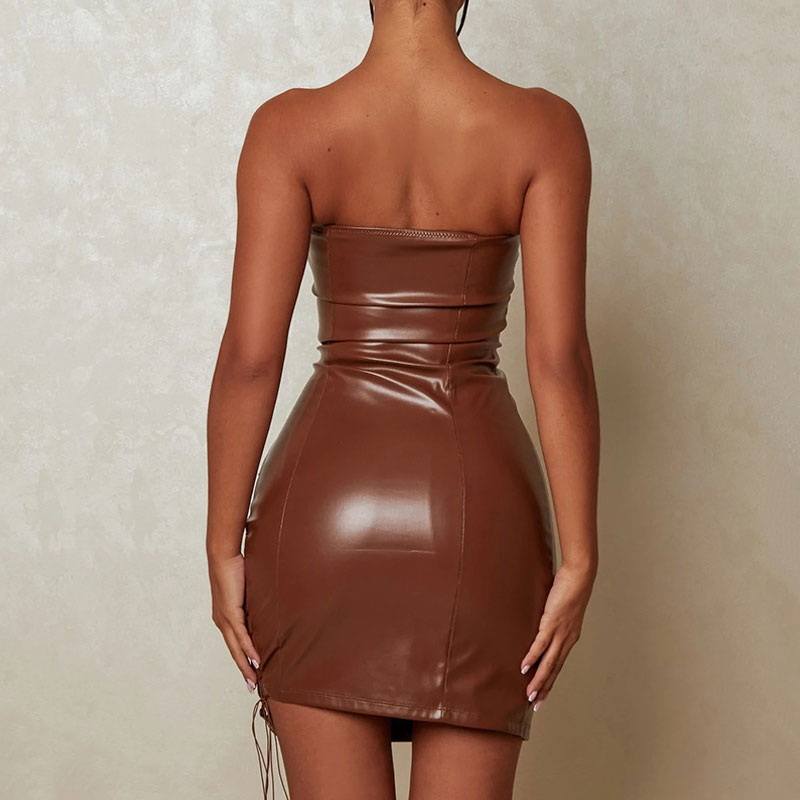 Brown Strapless Faux Leather Lace Up Cut Out Bodycon Mini Dress 3