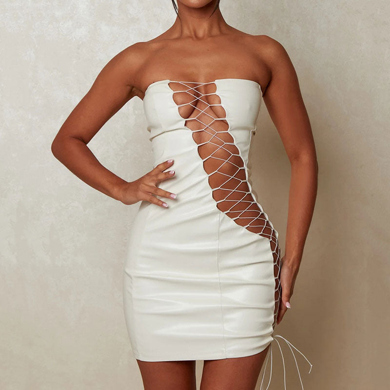 White Strapless Faux Leather Lace Up Cut Out Bodycon Mini Dress