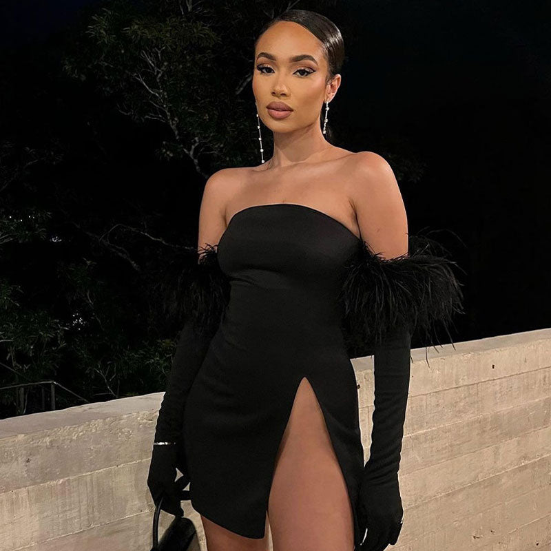 Black Strapless Feather Trim Glove High Slit Bodycon Mini Dress