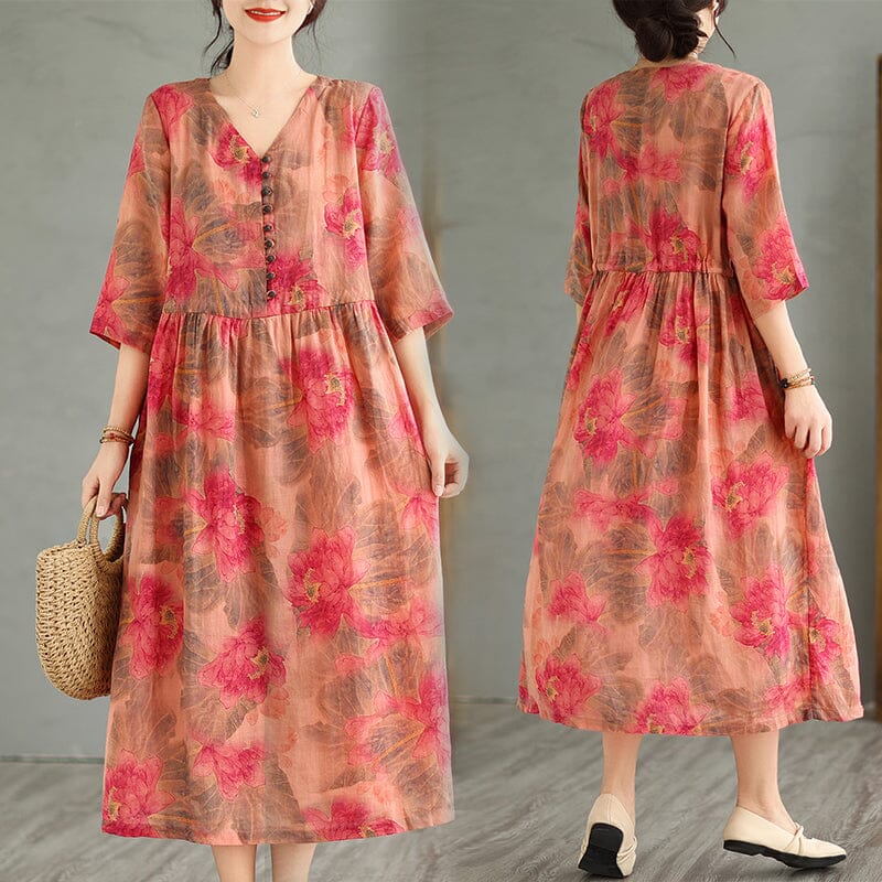 Casual Loose Retro Red Flower Print V-Neck Linen Dress