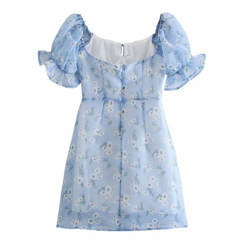 Blue Ditsy Floral Puff Sleeve Tie Front Bustier Bodycon Mini Dress