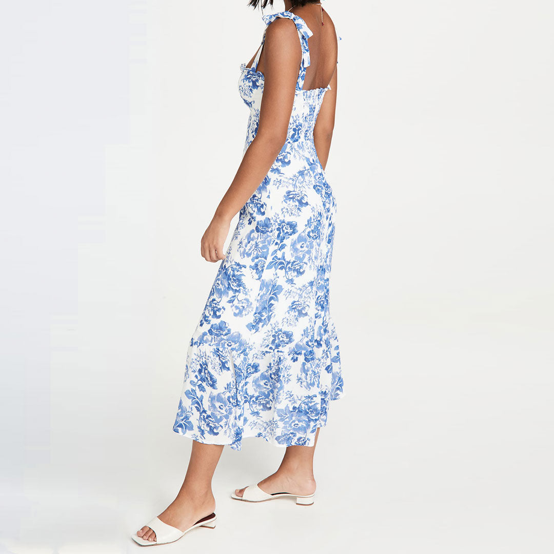 Blue Floral Print Tie Strap Sweetheart Neck A-Line Midi Dress