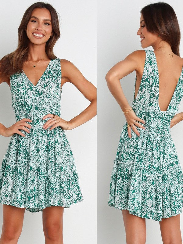 V-neck Pleated Print Dress