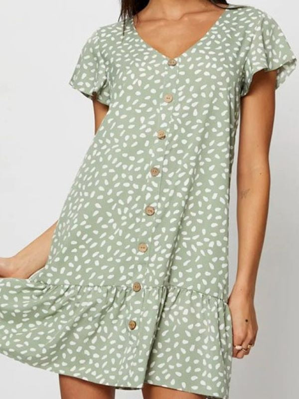 V-neck Single Breasted  Printed Dress