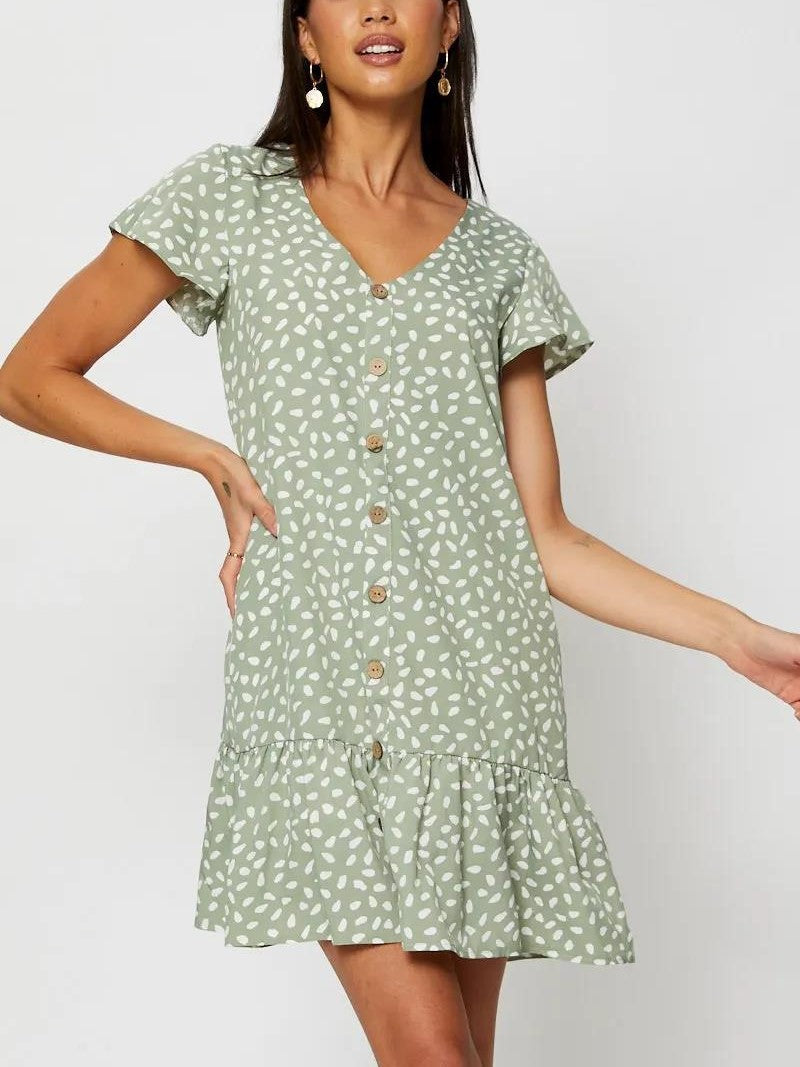 V-neck Single Breasted  Printed Dress
