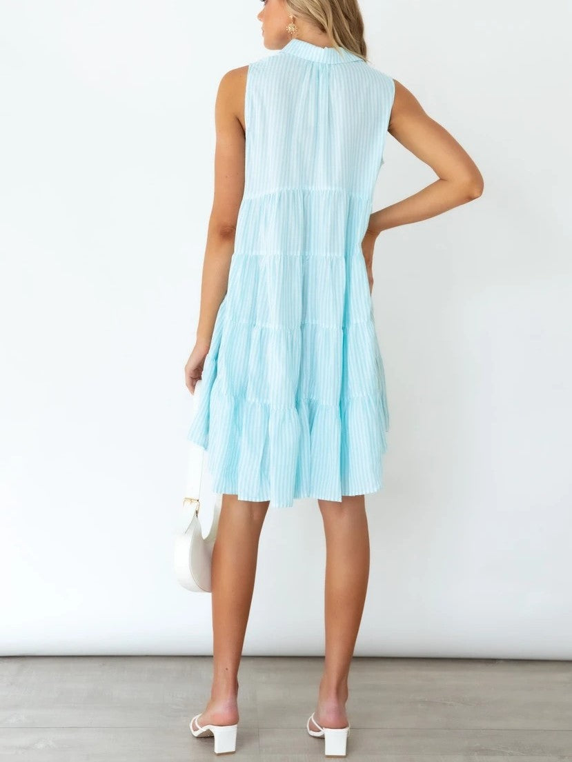 Sleeveless Lapel Stripe Button Dress