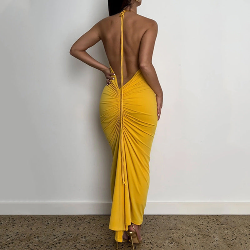Slim Fit Backless Ruffle Lace Up Dress