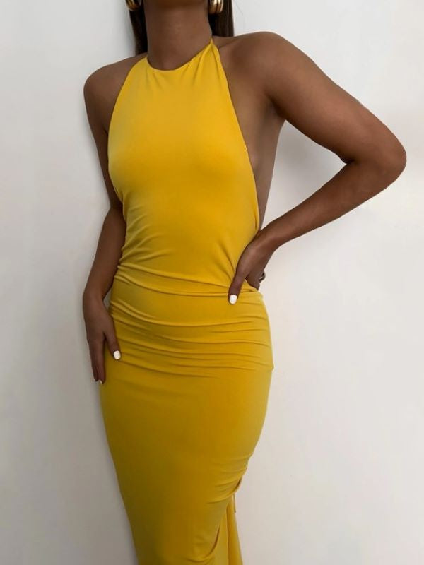 Slim Fit Backless Ruffle Lace Up Dress