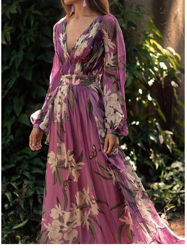 V-Neck Long Sleeve Printed Swing Dress