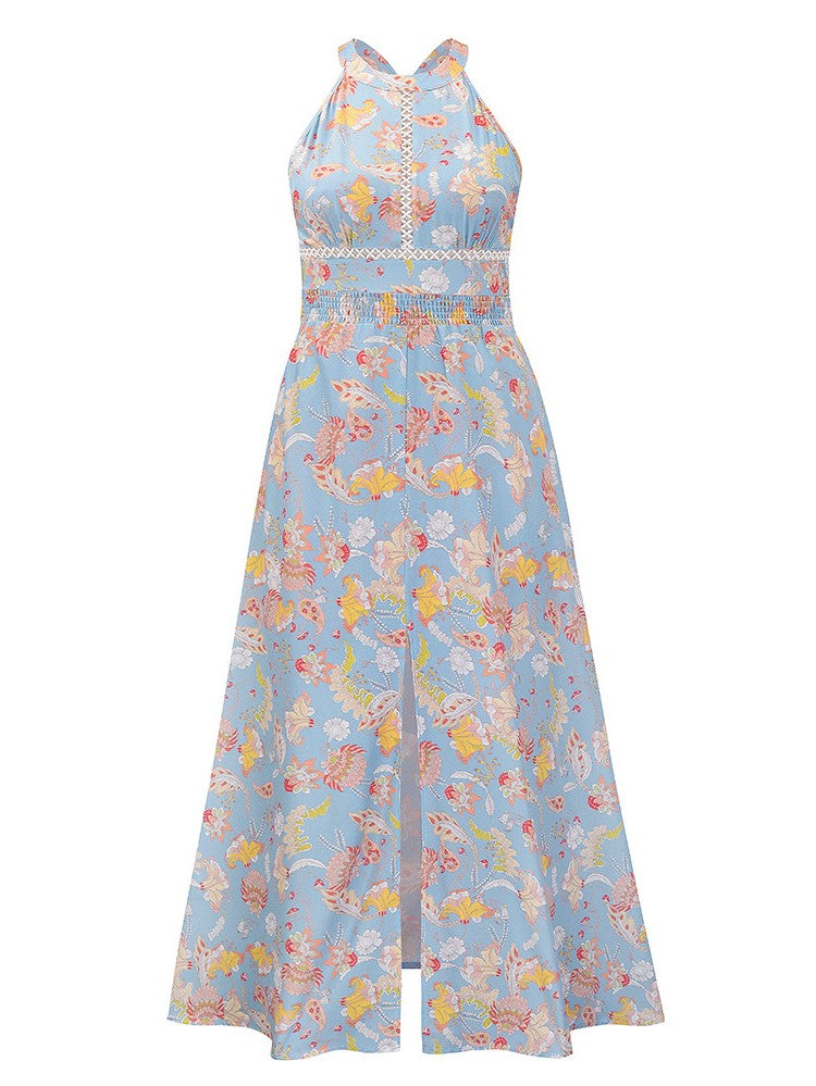 Halter Cut-out Split Floral Dress