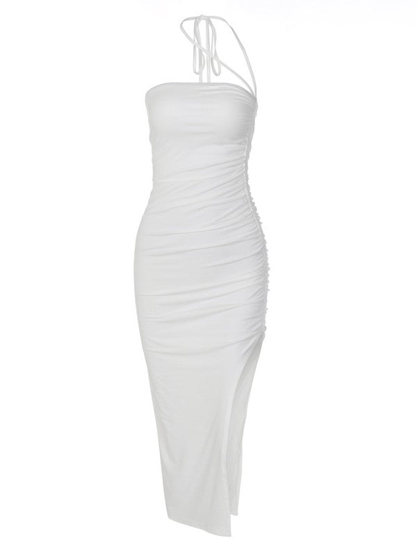 Slim Fit Backless Split Pleated Strapless Dress